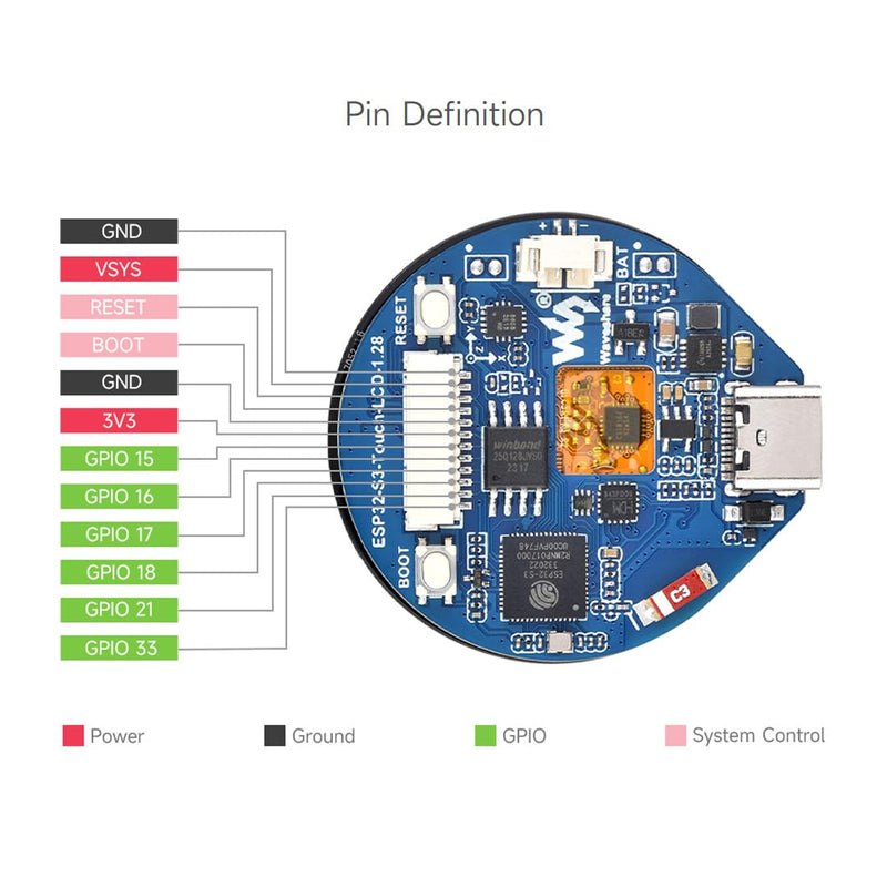 Waveshare ESP32-S3 Development Board, with 1.28inch Round Touch LCD, Compact Size, Accelerometer and Gyroscope Sensor, Embedded GC9A01 Display Driver and CST816S Touch Driver, with CNC Metal Case