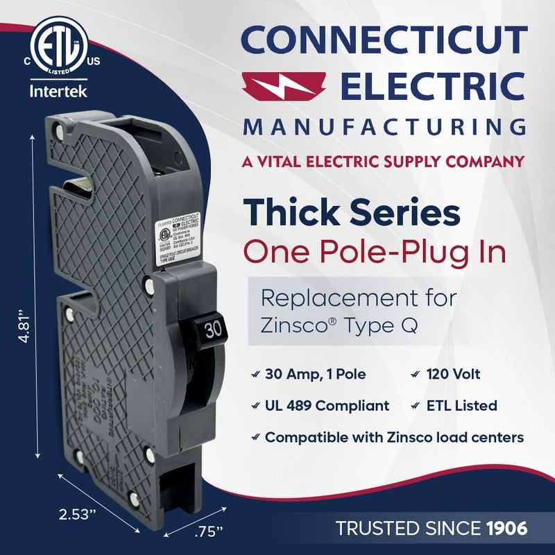 Connecticut Electric UBIZ30 Newly Manufactured Zinsco Q30 Replacement, One Pole 30 Amp Thick Series Circuit Breaker, Gray