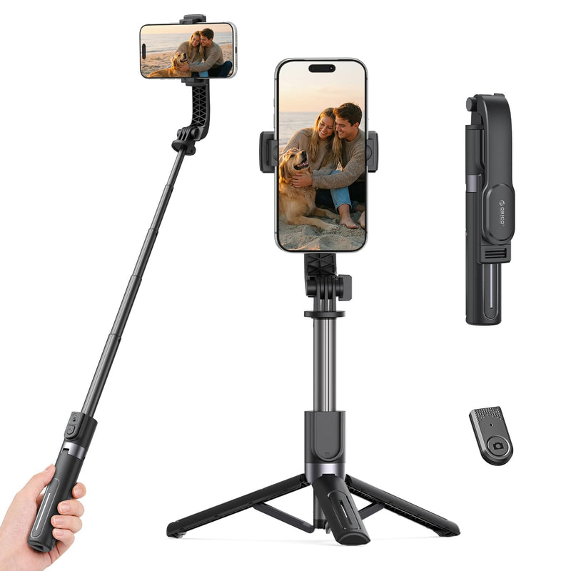 ORICO Aluminum Portable Selfie Stick Tripod, 35'' Mini Tripod for iPhone, Extendable Stand with Detachable Wireless Remote & 360° Rotating Phone Holder – Ideal for Content Creators, Vloggers, Travel Black 35''