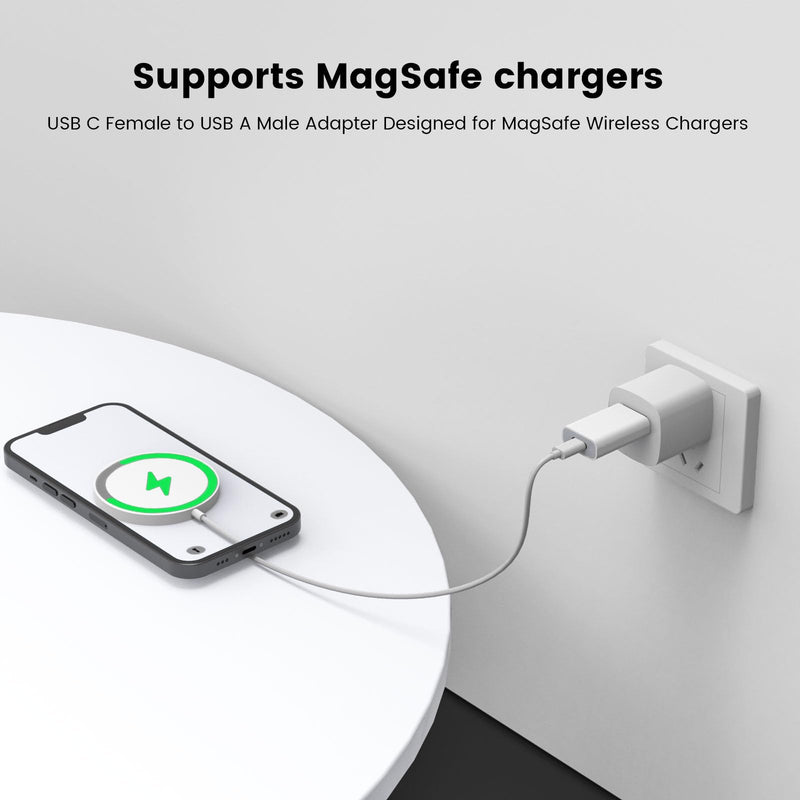 MOSWAG USB to USB C Adapter, USB C Female to USB Male Adapter Compatible with Apple MagSafe Watch 9/8/7/SE/Ultra, for iPhone 15 14 13 12 Mini Pro Max,iPad,Galaxy Note,Pixel,CarPlay,Wall Plug 1 pack White