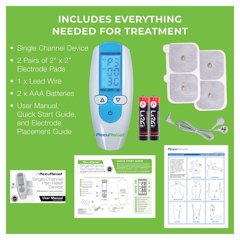 AccuRelief TENS Unit Muscle Stimulater Pain Relief System - Electric Muscle Stimulator with Electrodes for Neck, Back, and Full Body, White and Blue