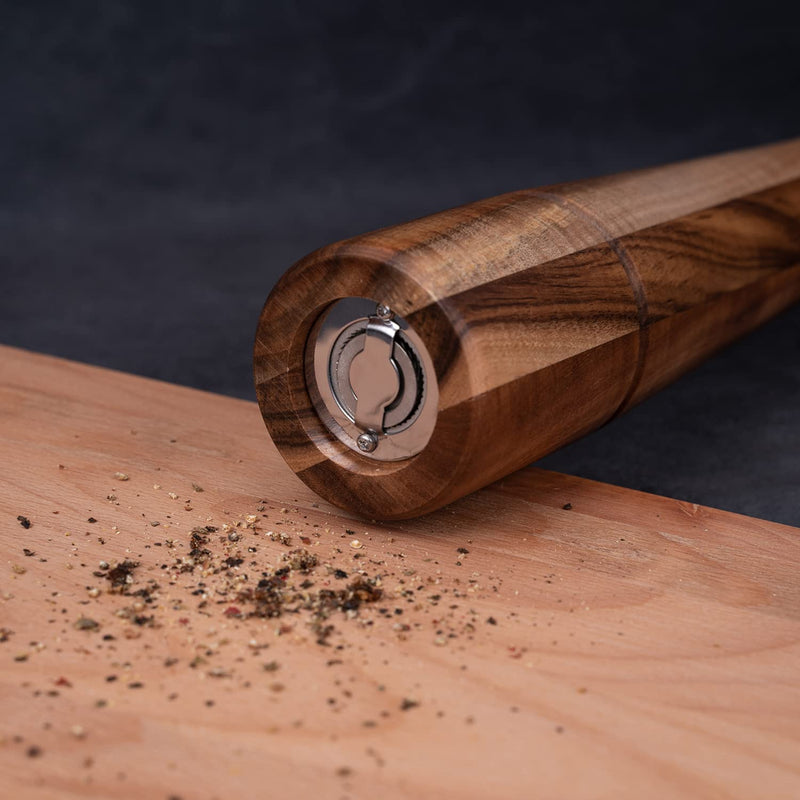 Pepper Grinder, Pepper Mill with Adjustable Stainless Steel, Acacia Wood, 32 cm / 12 inch Height, Bottom Dia: 6 cm, Upper Dia: 5.5 cm (Tray is NOT Included)