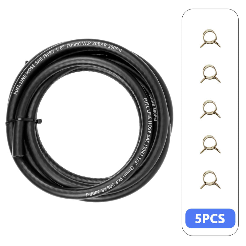 Fuel Line Hose 1/8" ID 20FT With 5PCS Clamps, High Performance 300PSI, Push Lock Reinforced NBR Rubber Automotive Fuel Line For Lawn Mowers/Cultivator/ATV's Tractors And Other Small Engine Equipment 1/8"-20FT