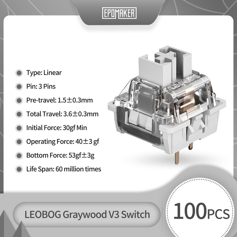EPOMAKER x LEOBOG Keyboard Switches Set for Mechanical Gaming Keyboard, 100 Pcs Linear/Tactile Switch Set, Factory Lubed, 5-Pin Switch with POM Stem, Compatible with MX Keycaps (Graywood V3, Linear) Graywood V3