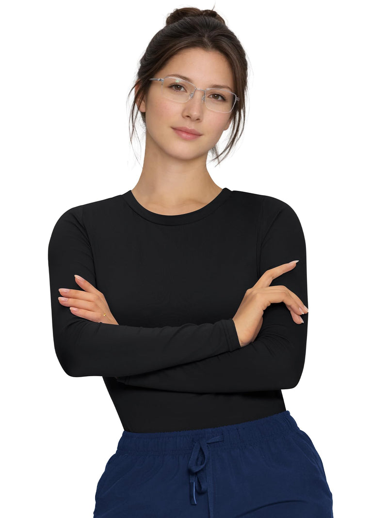 3 Pack Scrub Undershirts Long Sleeve Women, Comfortable Underscrub for Nurse High Crew Neck Medium Black