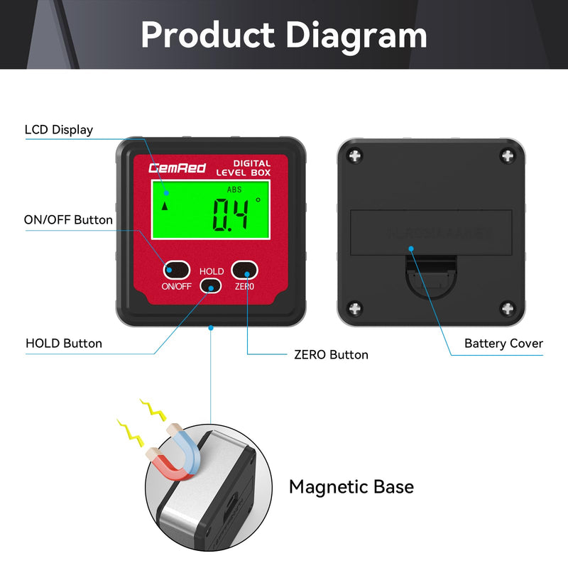 GemRed Digital Angle Gauge (Aluminum-with Hold Function)