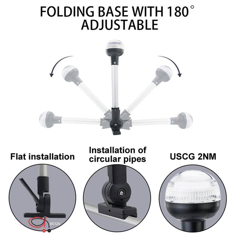 12-Inch Folding LED Navigation Anchor Light | Lightweight Anodized Aluminum Pole | Pontoon Boat Bimini & Stern Light | USCG 2NM | Horizontal Mount Base | 12V DC White Horizontal Mount，Folding base