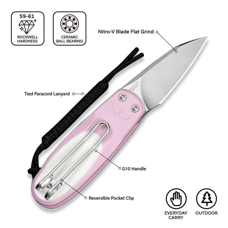 CIVIVI Purr Mini Pocket Knife, Cute Cat-Inspired Folding EDC Knife, 1.83" Nitro-V Steel Blade, Two-Tone G10 Handle, Double Detent Slip Joint Knife, Unique Gift for Men & Women C25054-4 Powder Pink & White