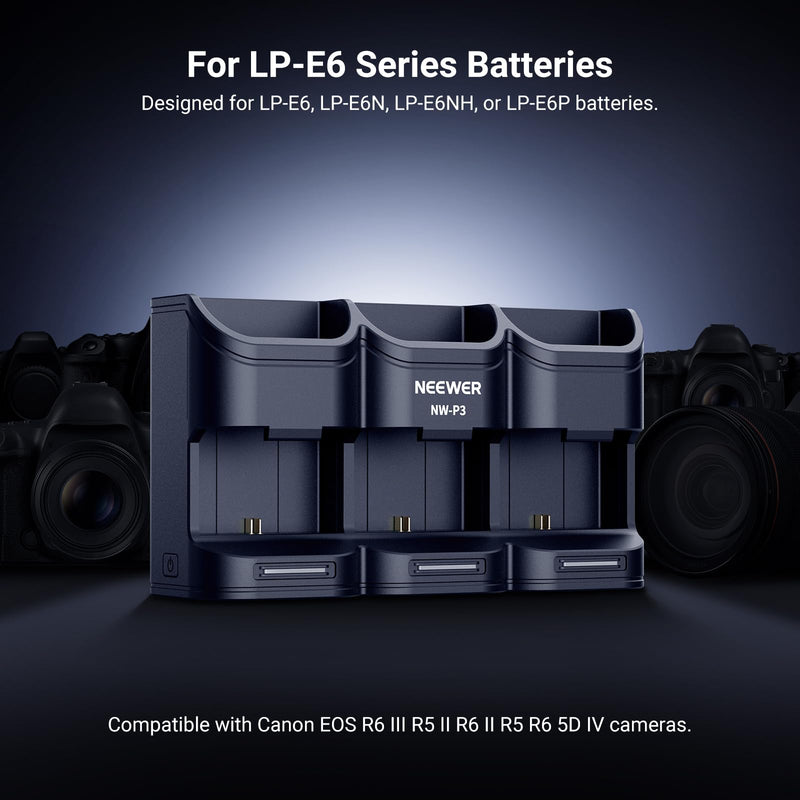 NEEWER BASICS 3 Channel USB Camera Battery Charger for LP-E6 LP-E6N LP-E6NH LP-E6P, 36W PD Fast Charging Fully Charges 3 Batteries in 2h, Compatible with Canon EOS R6 III R5 II R6II R5 R6 5D IV, NW-P3