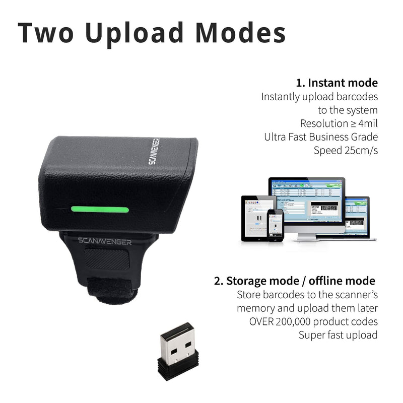 ScanAvenger 1D 2D QR Ring Barcode Scanner – Wearable Mini Bluetooth Wireless Finger Reader, USB & 2.4GHz, Compatible with iOS, Android, Windows, for Warehouse, Store & Inventory Use