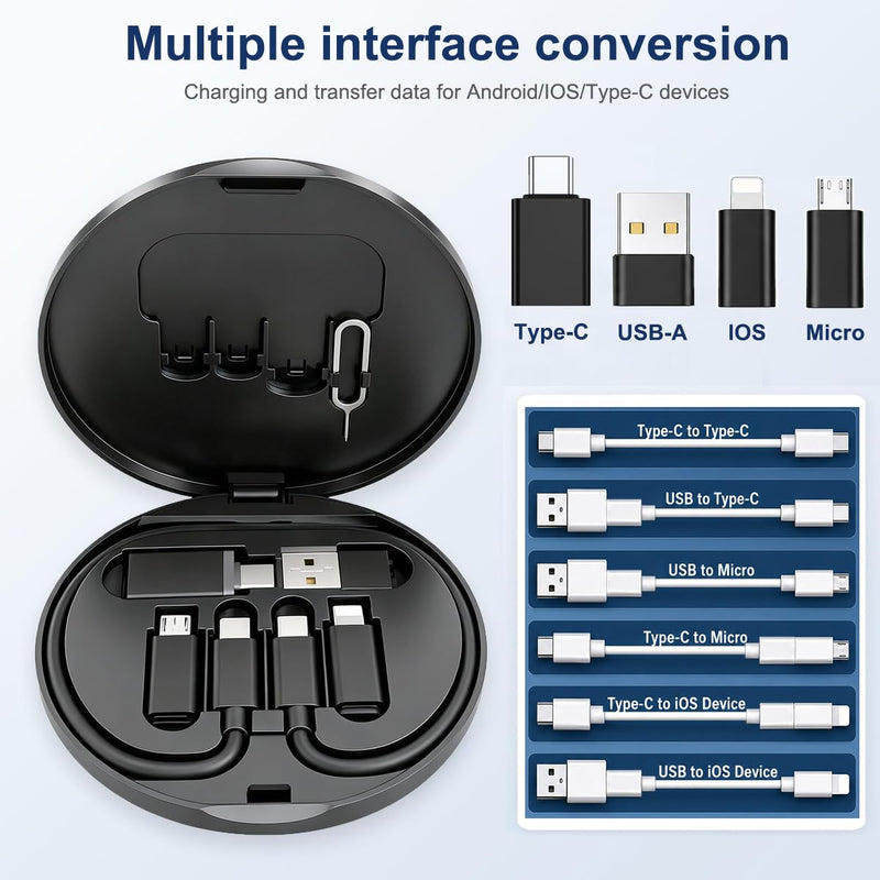 6 in 1 USB C Charging Adapter Travel Kit, USB C to USB 3.0 OTG, Type C to iOS Connector Box with 1Ft 65W Fast Charging Cable, Type-C to Micro USB Converter, SIM Eject Pin & Card Storage, Data Transfer Black