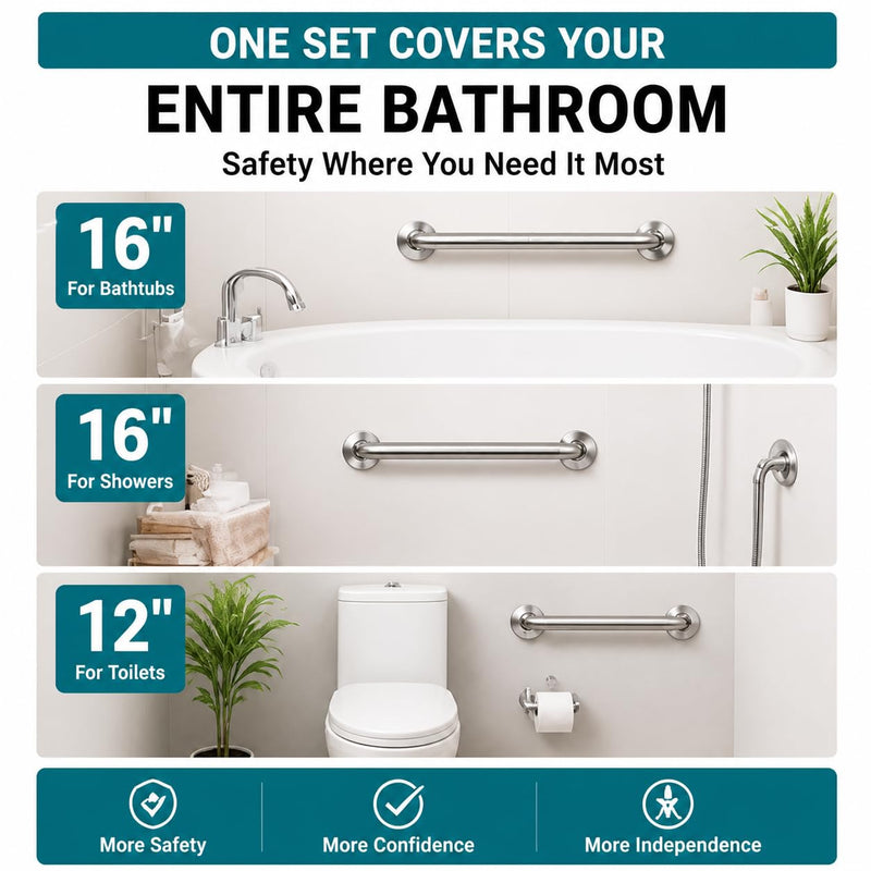 Grab Bars for Shower 3 Pack, 2x16 & 1x12 Stainless Steel Safety Handrails, Heavy Duty Wall Mounted Grab Bars for Bathroom, Stairways, Hallways, Toilet, Handicap & Elderly Support, 500 lbs