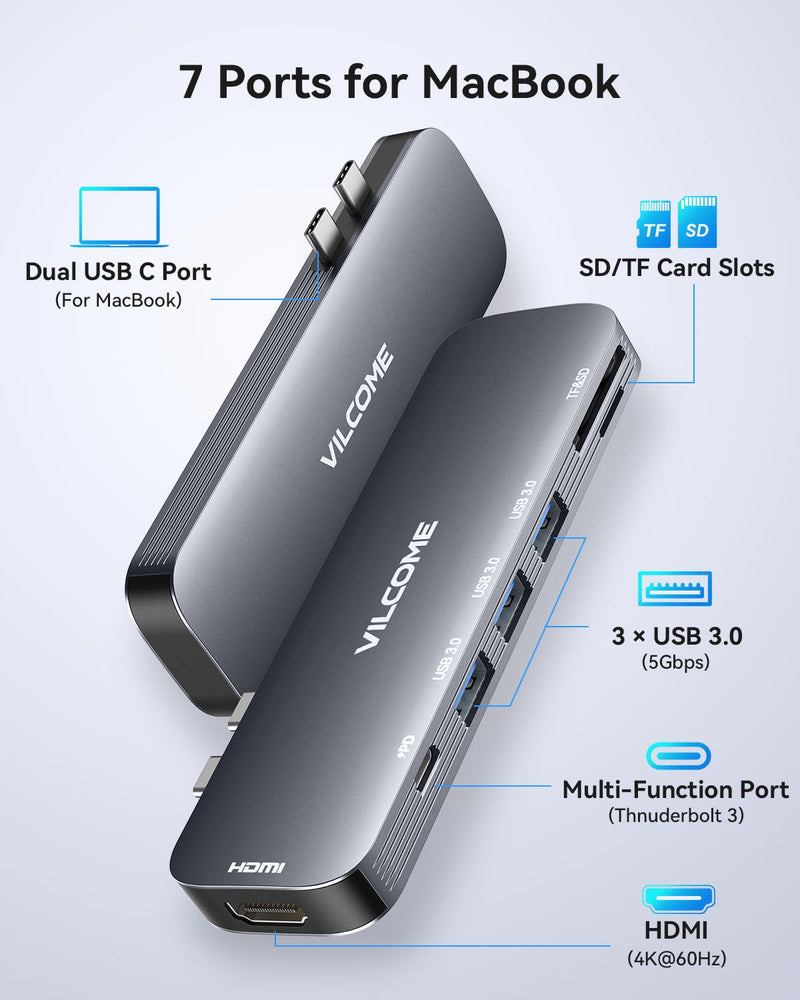 Vilcome USB C Adapter for MacBook Pro/Air M1 M2 M3 2023 2022 2021 2020 2019, 7-in-2 USB-C Hub MacBook Pro Accessories with Thunderbolt 3 PD Port, 4K@60Hz HDMI, 3 USB 3.0 Ports, TF/SD Card Reader Grey