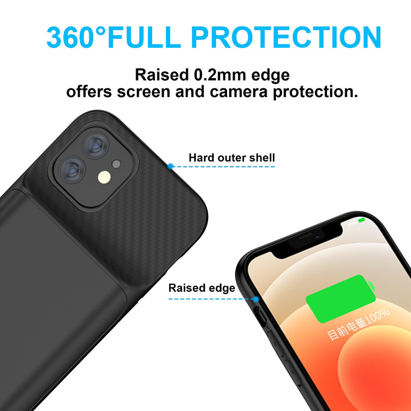 Battery Case for iPhone 12/12Pro, 10000mAh High Capacity Portable Protective Charging Case, Rechargeable Smart Extension Phone Charger - (6.1 inch) Black iPhone 12/12 Pro battery case