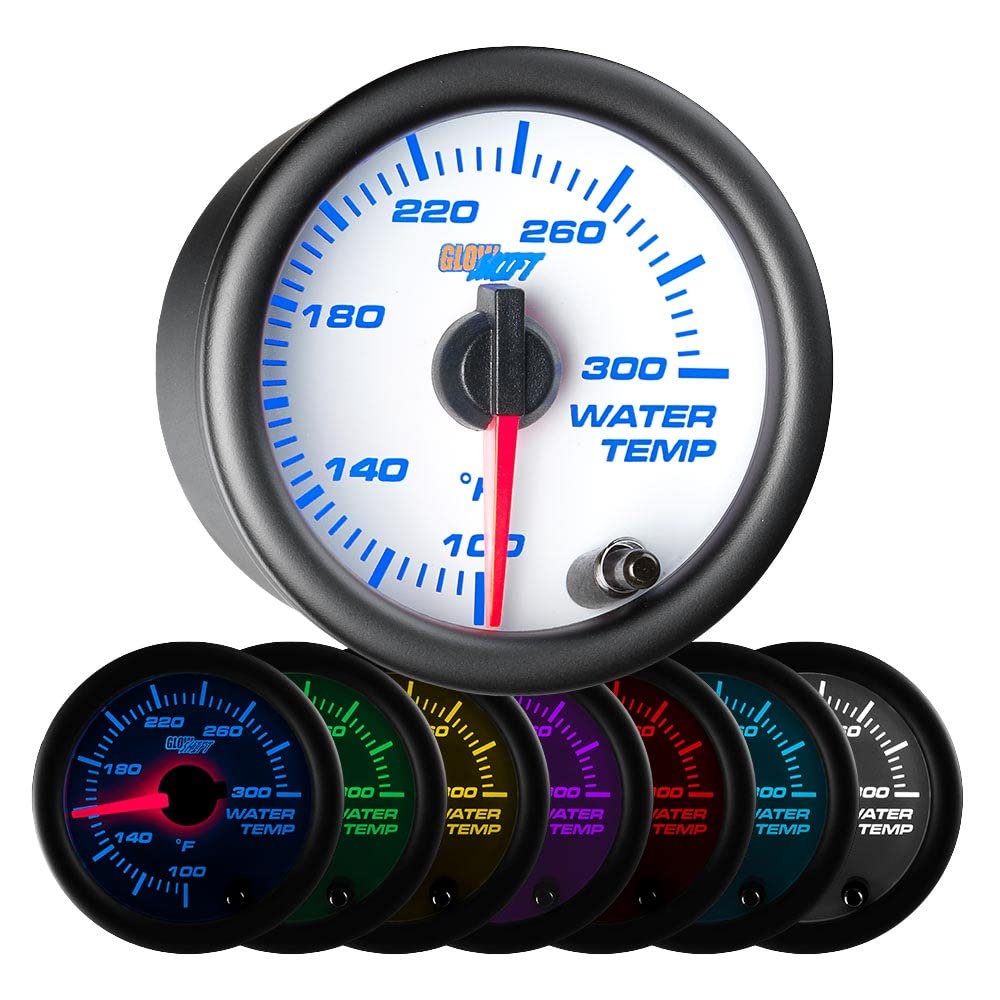 GlowShift White 7 Color 300 F Water Coolant Temperature Gauge Kit - Includes Electronic Sensor - White Dial - Clear Lens - for Car & Truck - 2-1/16" 52mm