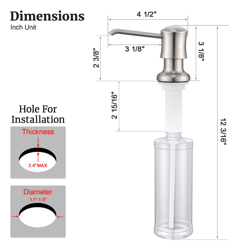 Soap Dispenser for Kitchen Sink Brushed Nickel, Built-in and Refill-from-Top Design with Liquid Hand & Dish Soap Bottle with Bottle