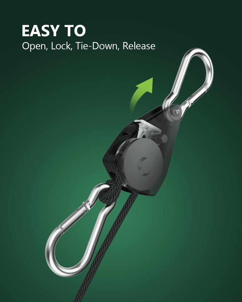 4-Pack 1/8" Adjustable Rope Hanger, Heavy Duty Ratchet Tie Down Strap with Reinforced Metal Gear, Ratcheting Pulley System Kayak Straps for Hanging Plants Grow Light and Various Tie-Down Uses 4-Pack 1/8"