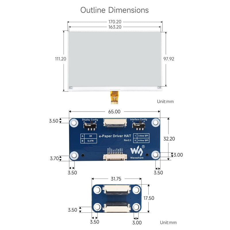 Waveshare 7.5inch E-Ink Display HAT Compatible with Raspberry Pi 5/4B/3B/Zero/Zero W/Zero 2W/Pico/Pico W/Pico WH, 800×480 Resolution SPI Interface