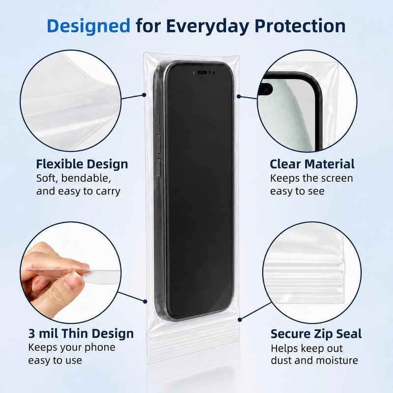 100Pcs Clear Phone Dust Bags Reclosable Zipper Sleeves for Cased Phones | 10 x 20 cm clear plastic sleeves fit Pro Max and Plus models up to 6.9 inches with slim or standard cases 10×20 cm (5 mil)