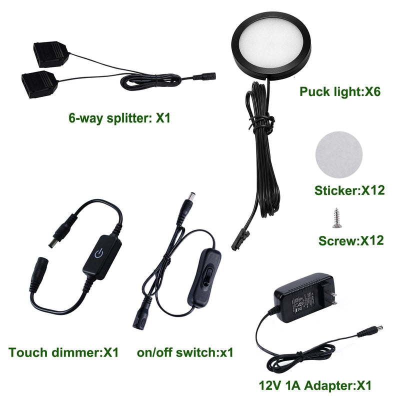 AIBOO Under Cabinet LED Black Cover Puck Lighting Kit with Touch Dimmer Switch for Kitchen Cupboard Closet Lighting (6 Lights,Warm White) 2700K Warm White