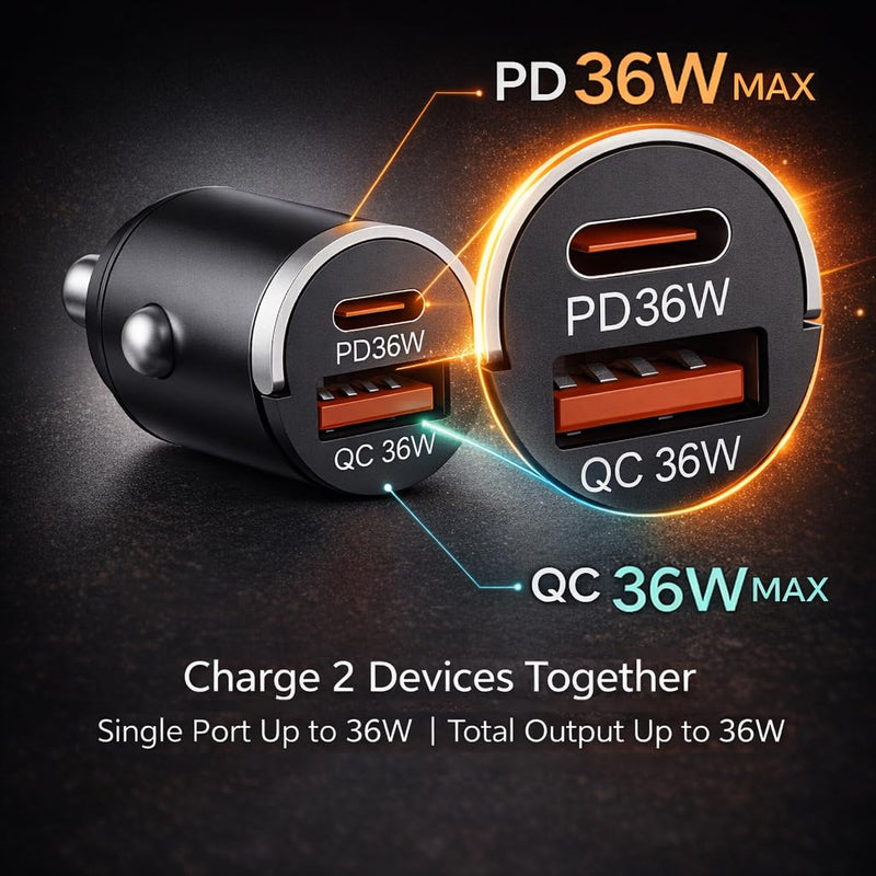 USB C Car Charger Fast Charging, 36W Dual Port Car Charger Adapter, PD 36W USB C & QC USB A, Mini Aluminum Car Charger for iPhone 17/16/15, Samsung, Huawei, iPad, AirPods