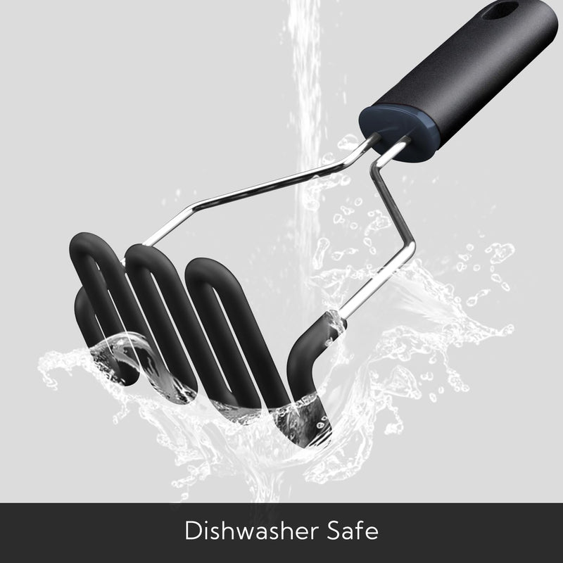 KITCHENDAO Non-Scratch Potato Masher, Heavy Duty 18/8 Stainless Steel Wrapped In Premium Silicone, Soft Touch Handle, Versatile Masher Hand Tool & Potato Smasher, Gift for Christmas-Black 9.69"L x 4.72"W Black