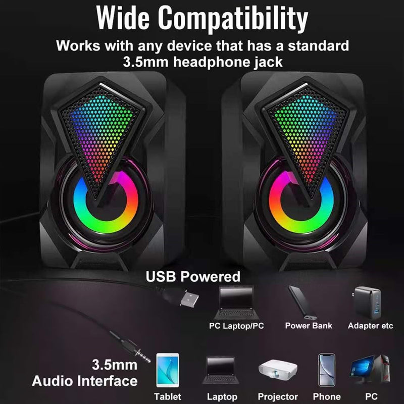 Speakers RGB Light Stereo Sound Pair for Computer Laptop Desktop，USB Plug-n-Play, External Speakers for Laptop, Enhanced Bass, Compatible with Windows, macOS, ChromeOS, Linux