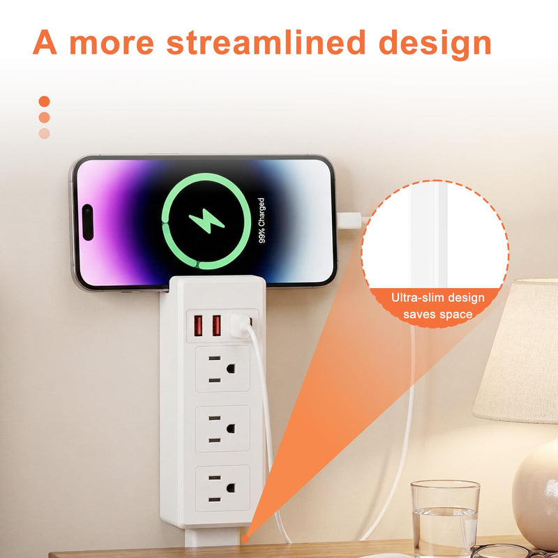 Electrical Outlet Extender Stick, 7-in-1, 360° Rotating, Extends 17.5"-25.6" - (3 AC Outlets, 2 USB-C & 2 USB-A) - for Outlets Behind Sofas, Nightstands, Desks, Office Desks & More