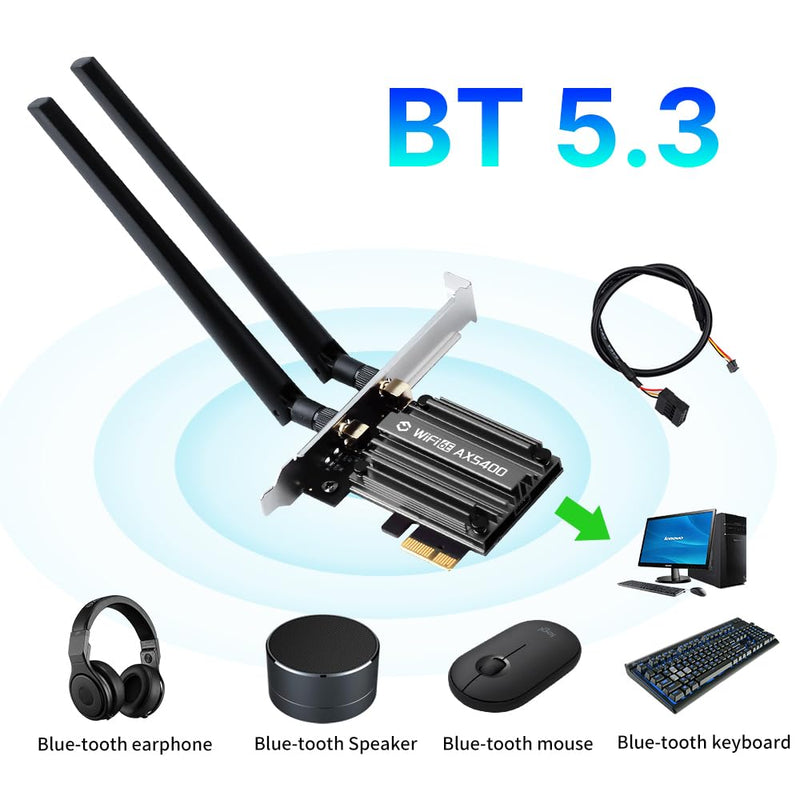 WiFi 6E PCIe Card AX5400Mbps Tri-Band Wireless Adapter (2.4G/5G/6GHz) BT 5.3 WPA3 802.11AX WiFi Adapter with MU-MIMO for Desktop PC - Windows 10/11 Compatible