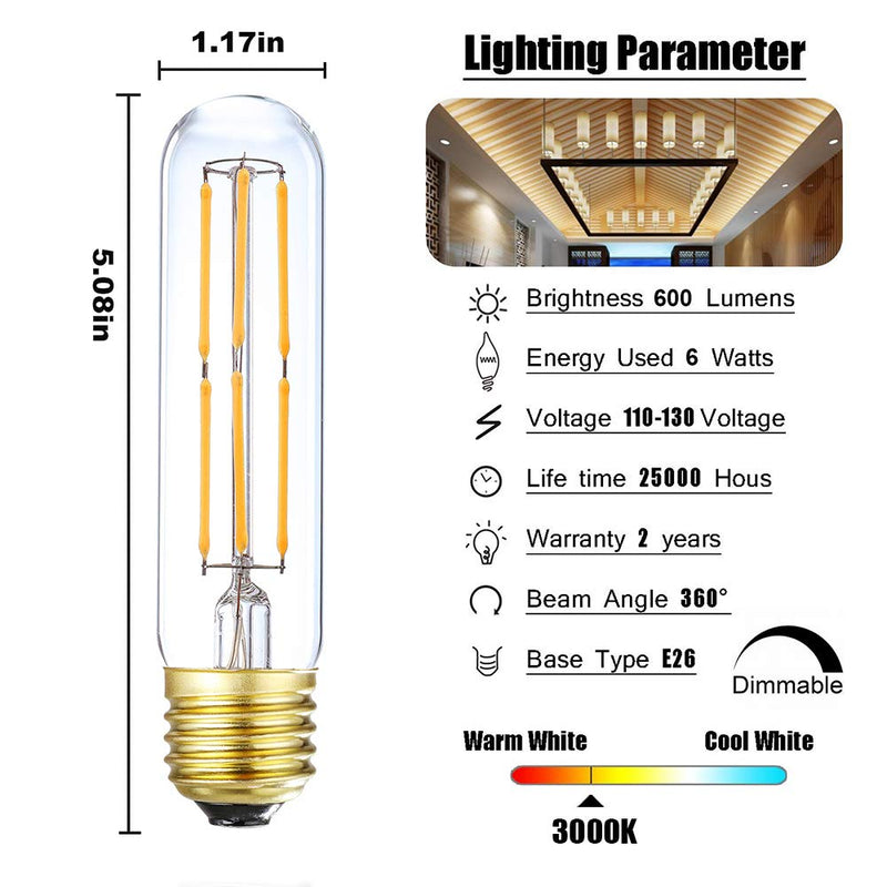 Dimmable T10 Edison Led Tubular Bulb 3000K Soft White E26 Vintage Led Filament Tube Bulb 60 Watt Equivalent 600lm E26 Base Lamp Bulb 6W for Display Cabinet Showcase Piano. (6-Pack.) 6w=60w Soft White 3000k 6p