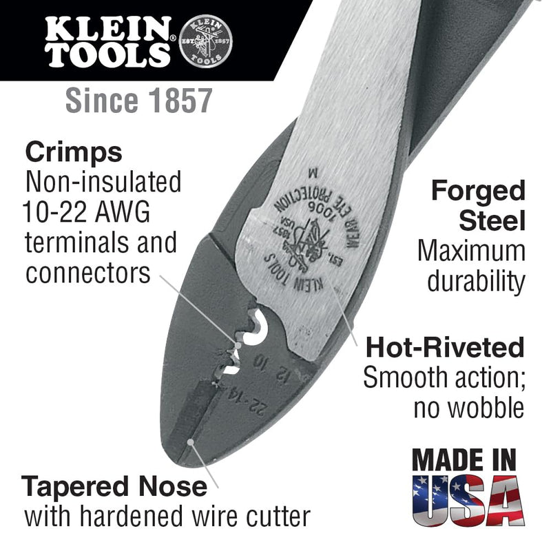 Klein Tools 1006 Cutting / Crimping Tool, Made in USA, Crimps 10 to 22 AWG Solderless Terminals and Connectors, with Wire Cutter in Tapered Nose Crimping Pliers