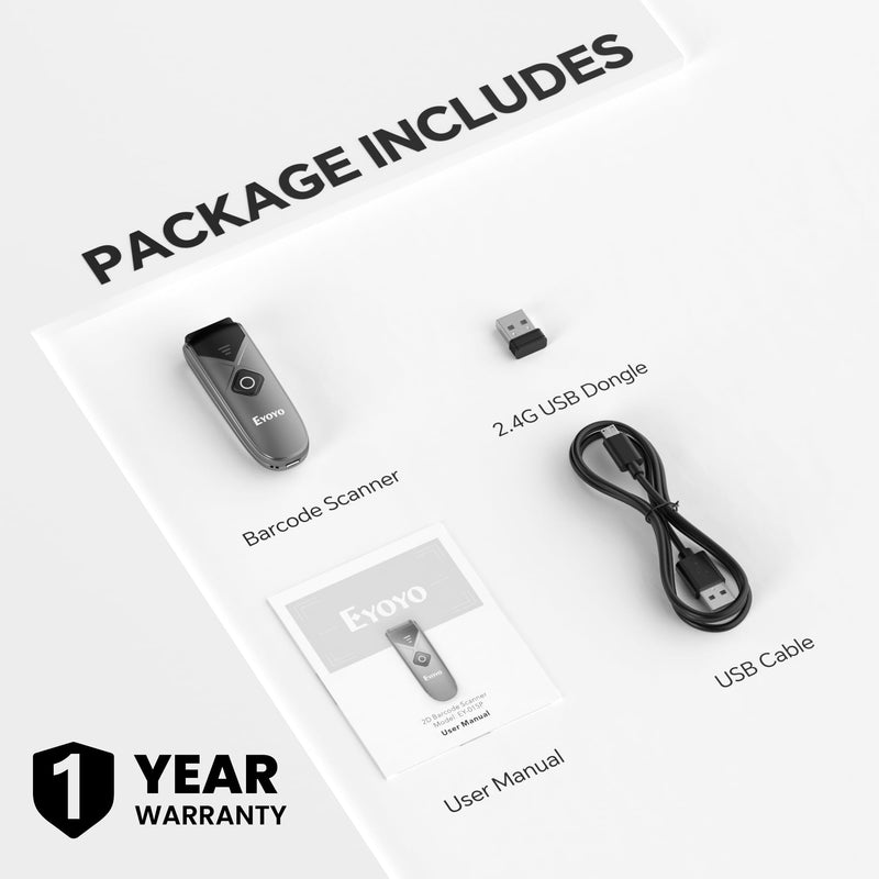 Eyoyo Bluetooth 2D&1D Barcode Scanner, Portable Wireless Mini Barcode Reader with 2.4G Wireless/Bluetooth/USB Wired Connection QR Code Scanner Compatible with Pad, Phone, Android, Tablet PC Grey