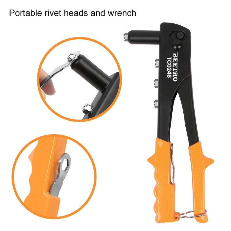 BEETRO Heavy Duty Hand Riveter, Rivet Gun, 3/32"-1/8"-5/32"-3/16", 4 Nosepieces Set Includes 100pcs Rivets, Durable and Suitable for Metal, Plastic and Leather 10.5'' Rivet Gun