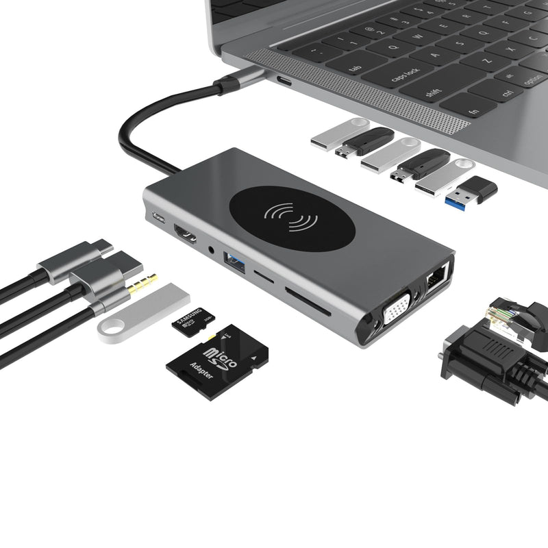 15-in-1 USB-C Docking Station with 4K HDMI, Wireless Phone Charger, for MacBook Pro/Air, Dell, Lenovo, HP - Including VGA, SD/Micro SD/TF Card Reader, Ethernet, USB-C PD,SUB 3.0 & USB 2.0, Audio Jack