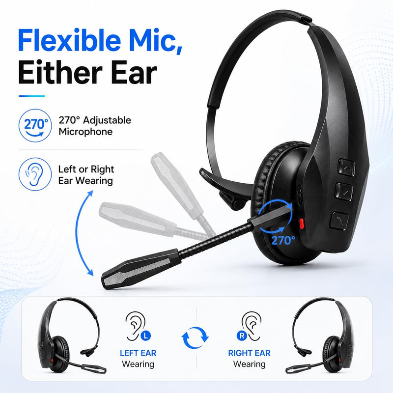 Bytewaveshop Trucker Bluetooth Headset with Mic, 55H Talk Time Wireless Headset, 99% Noise Cancelling Headphones with 270° Adjustable Mic, Bluetooth 6.0, Dual Device for Truck Drivers, Calls, Driving