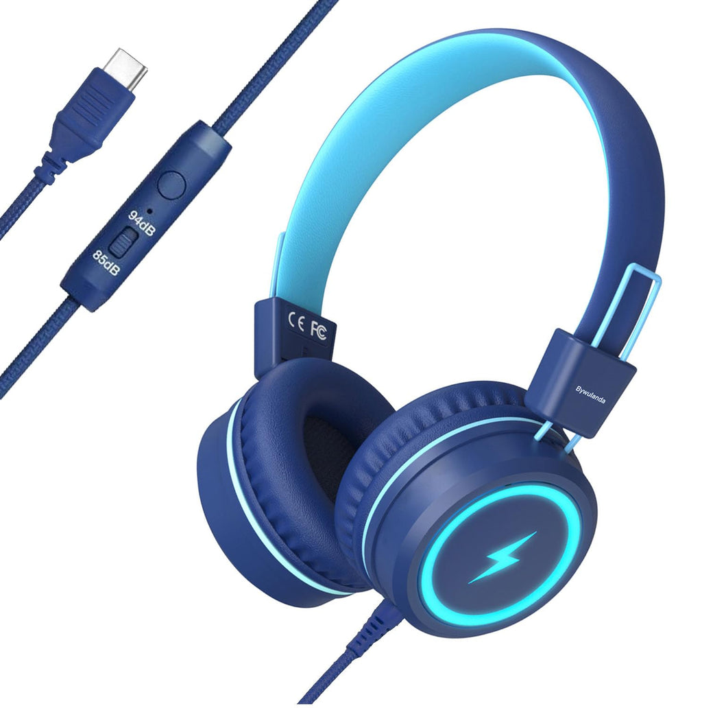 Kids Headphones with LED Lights for School, Upgrade USB Type C Kid Headphone with Microphone, Volume Limiter 85/94dB, Wired On Ear Headphones for Boys/Girls/Tablet/Travel -Blue Blue