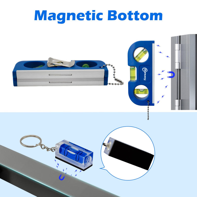 Sanung Magnetic Level Set, 2PCS Portable Bubble Torpedo + 2PCS Acrylic Spirit Levels with Keychain for Quick Attach, 45 90 180 Degree Measurement