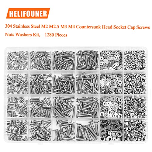 HELIFOUNER 1280 Pieces M2 M2.5 M3 M4 304 Stainless Steel Countersunk Head Socket Cap Metric Screws Bolts Washers Nuts Hardware Assortment Kit with Hex Wrenches ['M2/M2.5/M3/M4']