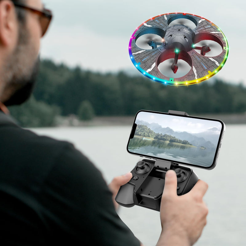 FPV Quadcopter Aircraft, Round Foam RC UFO Drone Equipped with Camera, Multi-Color Switchable LED Lighting, 360° Stunt Flips & Adjustable Flight Speed, Beginner Oriented RC Air Vehicle, Black