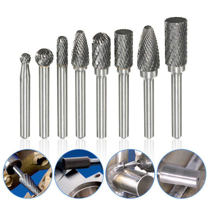 8pcs Carbide Rotary Burr Set, Double Cut 1/4''(6.35mm) Shank Solid Carbide Rotary Burr Set for Die Grinder Drill for Woodworking,Drilling, Metal Carving, Engraving, Polishing by YEEZUGO