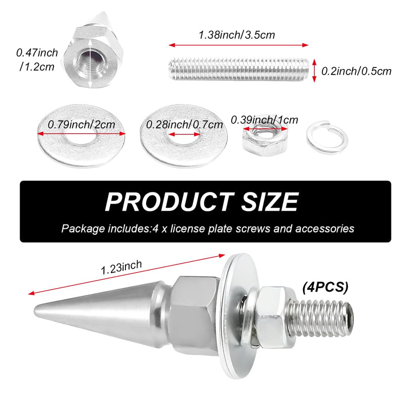 4 PCS Spikes License Plate Screws for Car, Anti Theft Spike Shape Aluminum Car Plate Frame Fastenings Bolt, Cool Licence Plate Screw Set for Car Truck Motorcycle, Car Accessories (Silver) Silver