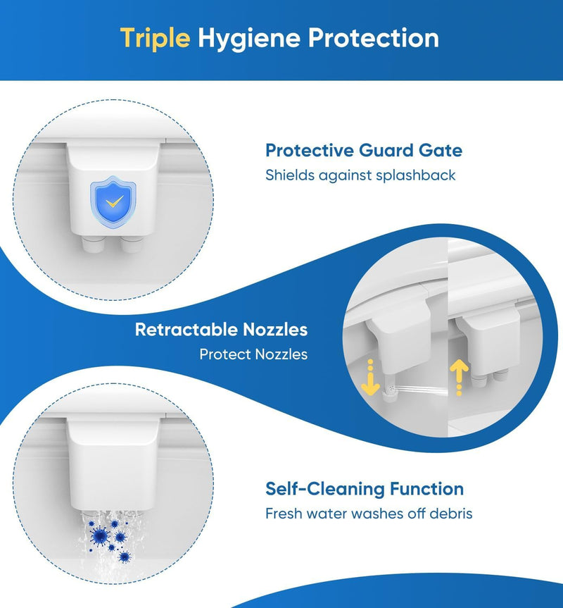 Ultra-Slim 3-in1 Bidet, Self-Cleaning, Posterior&Feminine Wash-(Retractable Dual Nozzles), Non-Electric Bidet Attachment for Toilet Seat, Adjustable Fresh Cold Water Pressure, Stainless Steel Inlet 1PCS-White + Cold Water