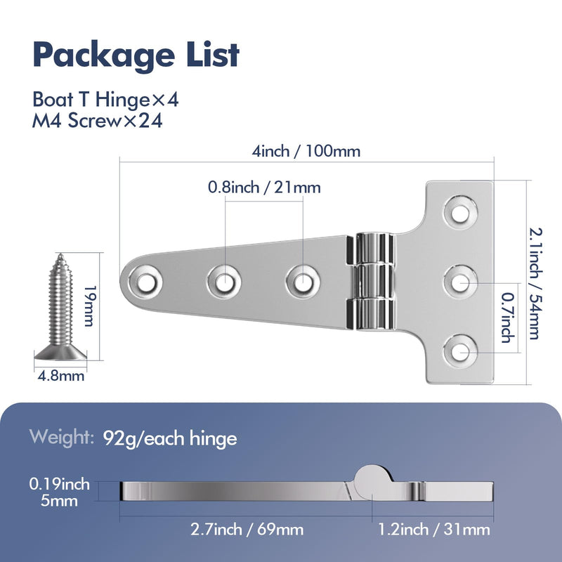 Boat T Type Hinge, Marine Grade Stainless Steel 316 Heavy Duty Strap Butt Hinge Durable Marine Applications for Hatch, Cabinet, Gate, and Door 4'' x 2"- 4 pack