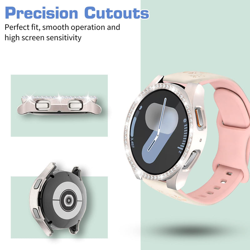 2-in-1Floral Engraved Band Rhinestone Bezel Case for Samsung Galaxy Watch 7 | Flower Soft Silicone Watch Strap Sparkly Diamond Bumper PC Protective Cover for Women Waterproof Sport Replacement Wristband Starlight Case + Starlight&Pink Band