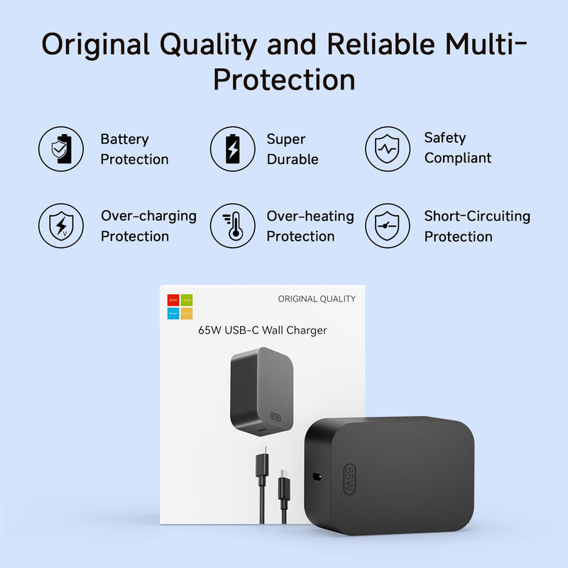 65W Charger for Microsoft Surface Pro 11, 10, 9, 8, 7+, 7, X, 6, 5, 4, 3, 2-in-1 Power Adapter for Windows Surface Laptop 7/6/5/4/3/2/1, Go Tablet, Book 3/2/1, 6.6ft USB-C Cable, Original Quality