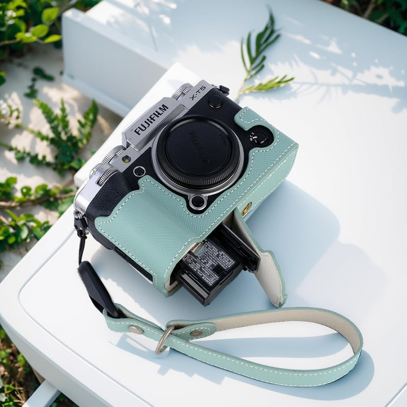 Bowan X-T5 Camera Case, Handmade Genuine Real Leather Half Camera Case Bag Cover for Fujifilm Fuji X-T5 X-T5 Camera Bottom Opening Version + Hand Strap (Mint green) Mint green