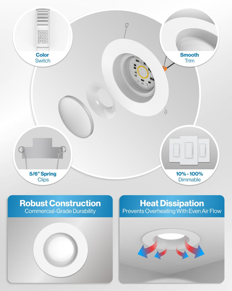 Sunco 4 Pack 5/6 Inch Smooth LED Retrofit Downlight, 965 Lumens, 2700K Soft White, 13W Dimmable, Damp Rated, Bedroom Living Room Bathroom, 120V - UL, FCC, RoHS 5 CCT in One (2700K, 3000K, 3500K, 4000K, 5000K)