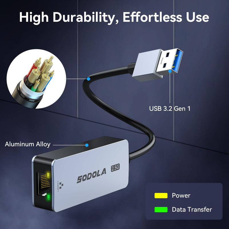 Sodola USB to Ethernet Adapter 2.5Gb, Ethernet Adapter for Laptop, Aluminum, USB 3.0 to RJ45 Network Internet LAN Adapter, Compatible for NAS,Laptop,Tablet, PC Unter Windows 11/10/8, macOS USW SL-2.5GU