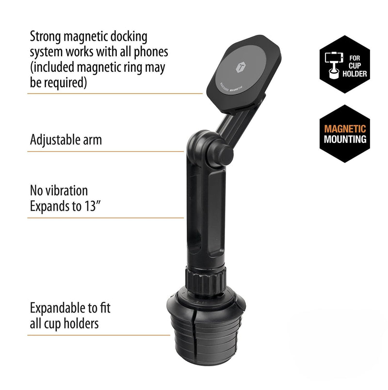 MagTough Magnetic Boom Phone Mount – Adjustable 13.3” Extension Arm, Expandable Cupholder Base | Universal Compatibility with iPhone & Android | Secure Hold on Rough Roads