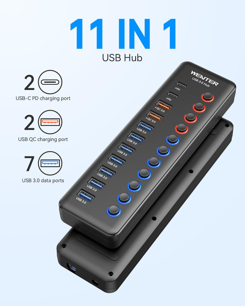 Powered USB 3.0 Hub, Wenter 48W 11-Port USB Hub Splitter (7 Faster Data Transfer Ports+ 4Pcs QC Charging Ports) with Individual LED On/Off Switches, USB Hub 3.0 Powered with Power Adapter 7+2+2